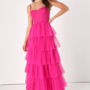 Lulus Rule The Runway Hot Pink Tulle Bustier Tiered Maxi Dress - Size S